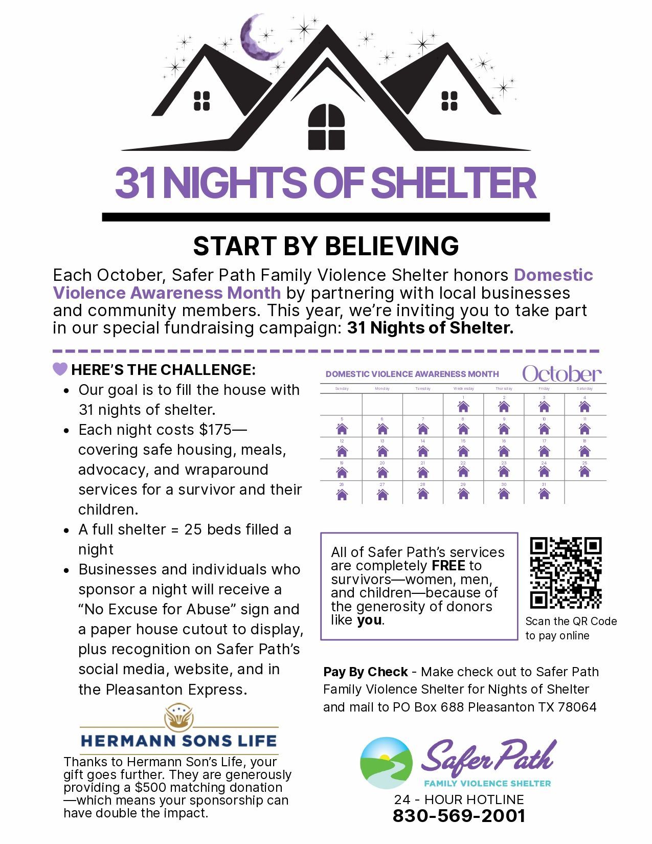 Poster for a fundraising campaign: 31 Nights of Shelter, with details about the challenge and a calendar.