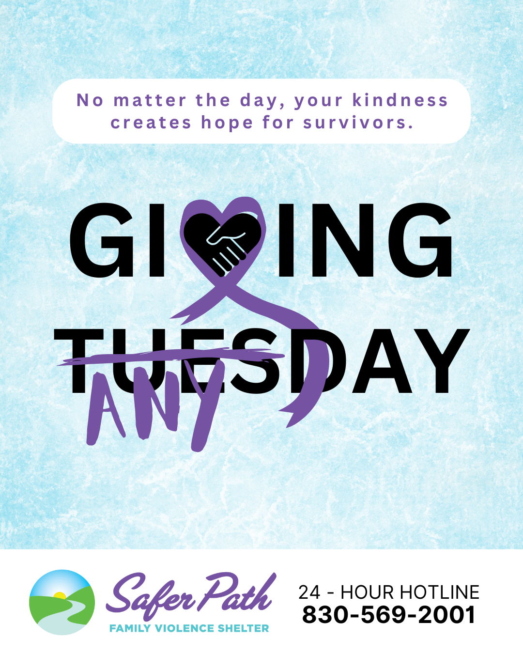 Giving Tuesday fundraiser graphic for Safer Path, a family violence shelter. Features a purple heart and text.