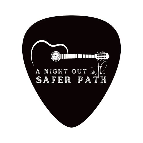 Black guitar pick with white guitar illustration and text