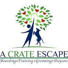 A logo for a crate escape boarding training grooming daycare.