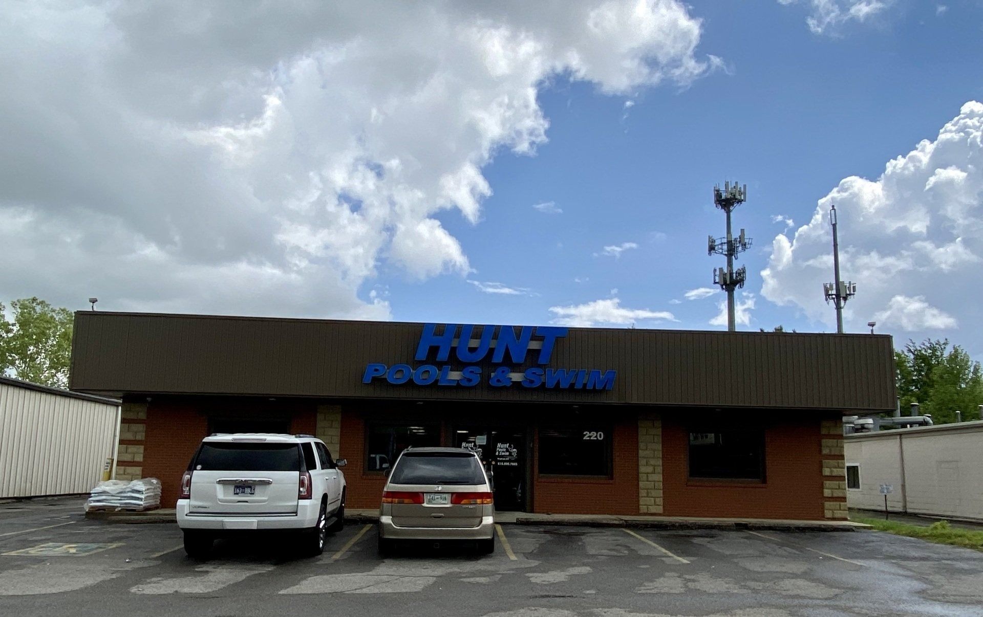 Storefront with blue sign 