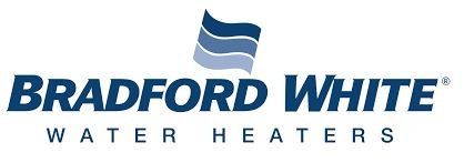 Bradford White Water Heaters logo with a stylized water wave icon in blue.