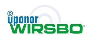 Logo for Uponor Wirsbo, featuring text in green and blue, with a series of concentric arcs in the background.