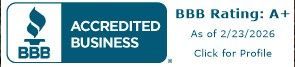 BBB logo with an A+ rating, accredited business. As of 2/23/2026.