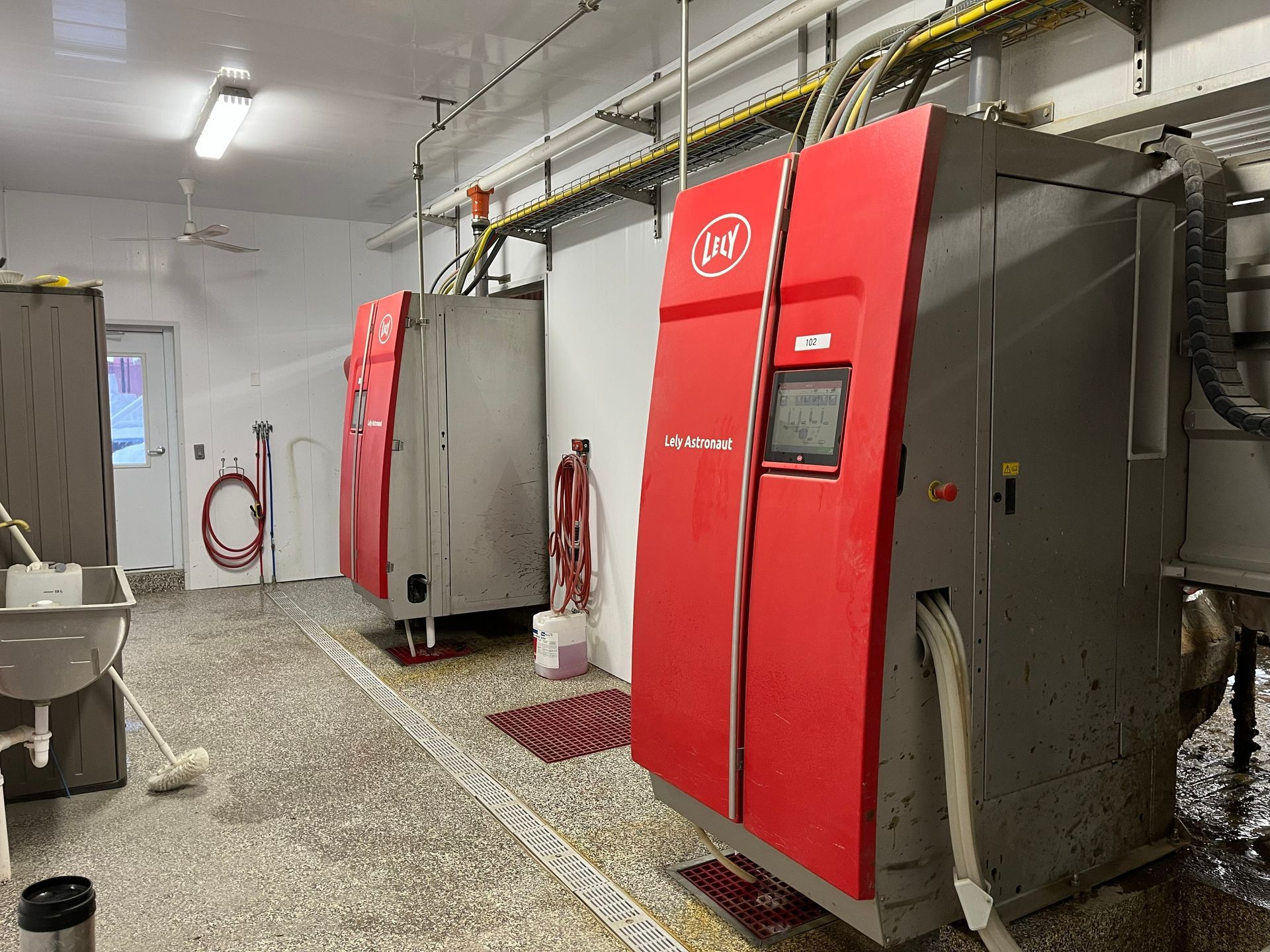 Two red and gray automated milking machines in a concrete-floored room, likely a dairy barn.