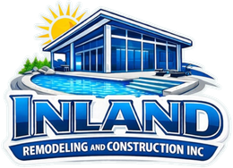 Logo for Inland Remodeling and Construction Inc showing a modern house with a pool and sun against a blue background.