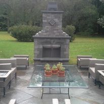 There is a fireplace and a table with potted plants on it.