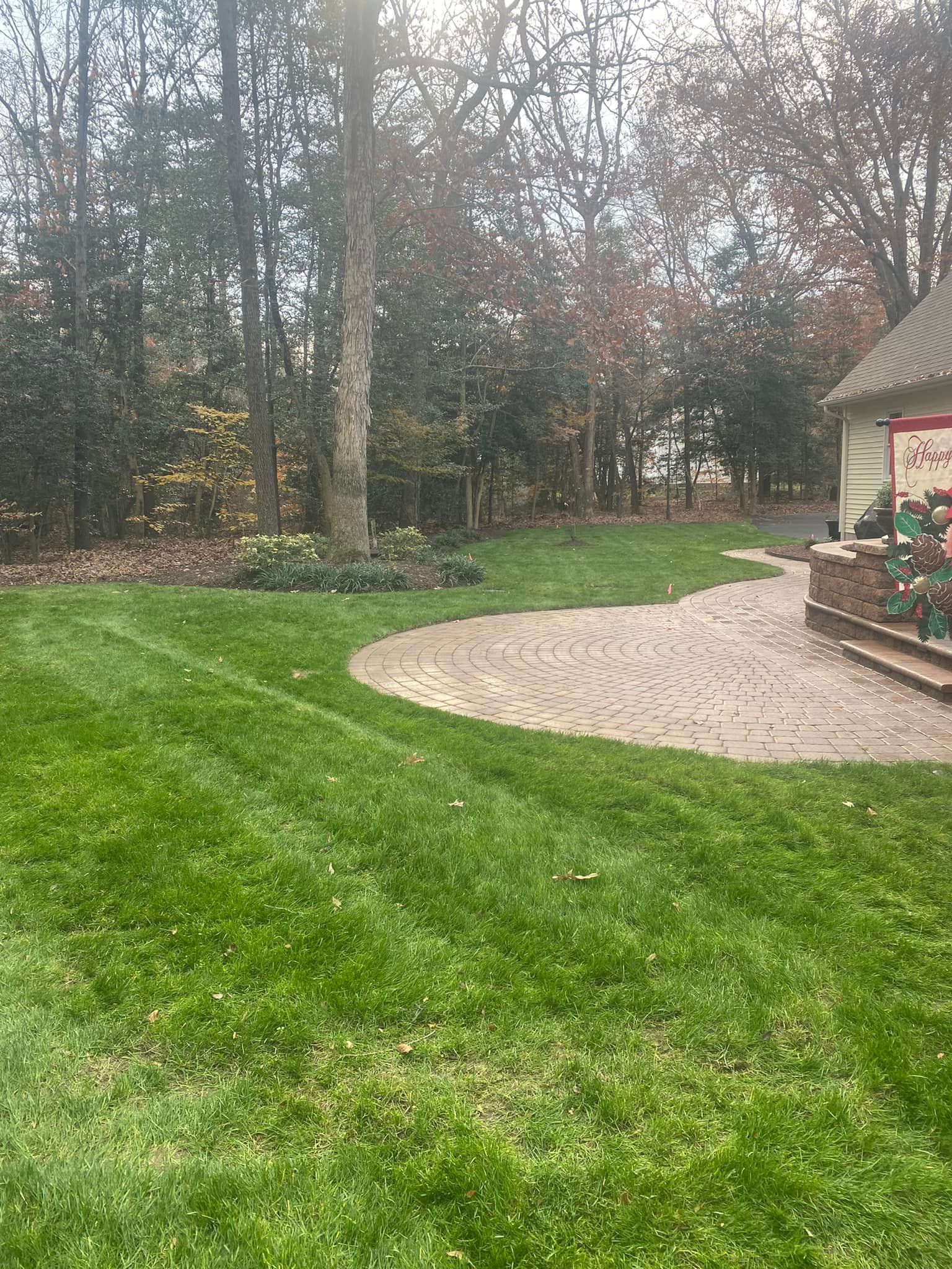 A lush green lawn with a patio in the background and trees in the background.