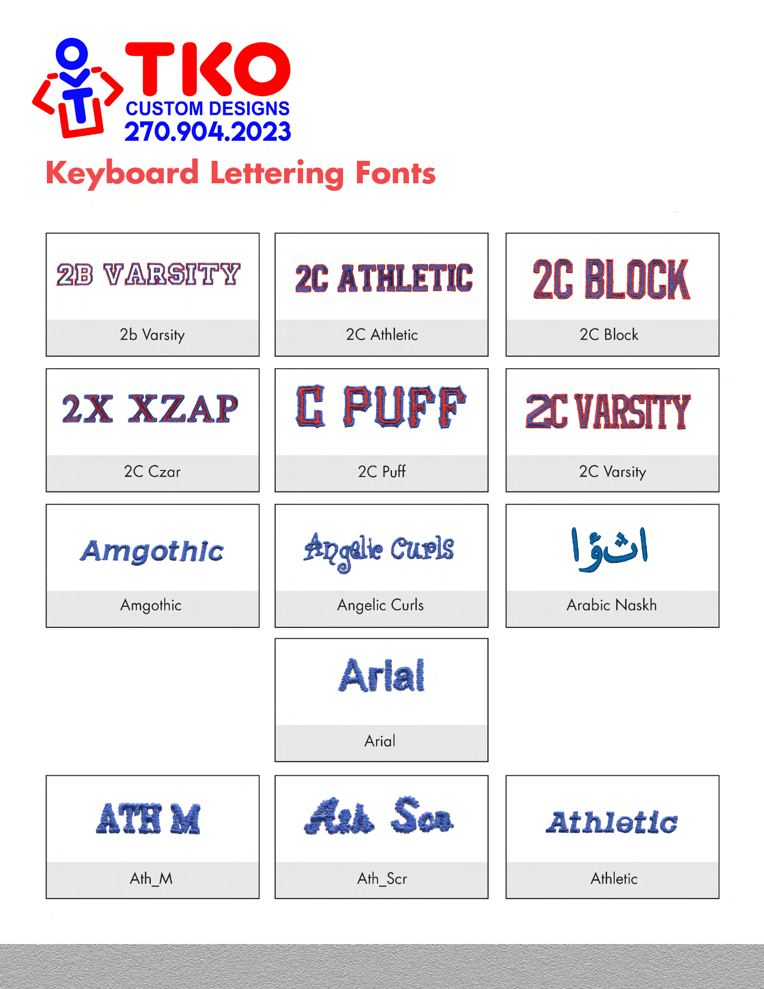 Poster showing TKO custom designs with samples of various “Keyboard Lettering Fonts” in a grid.