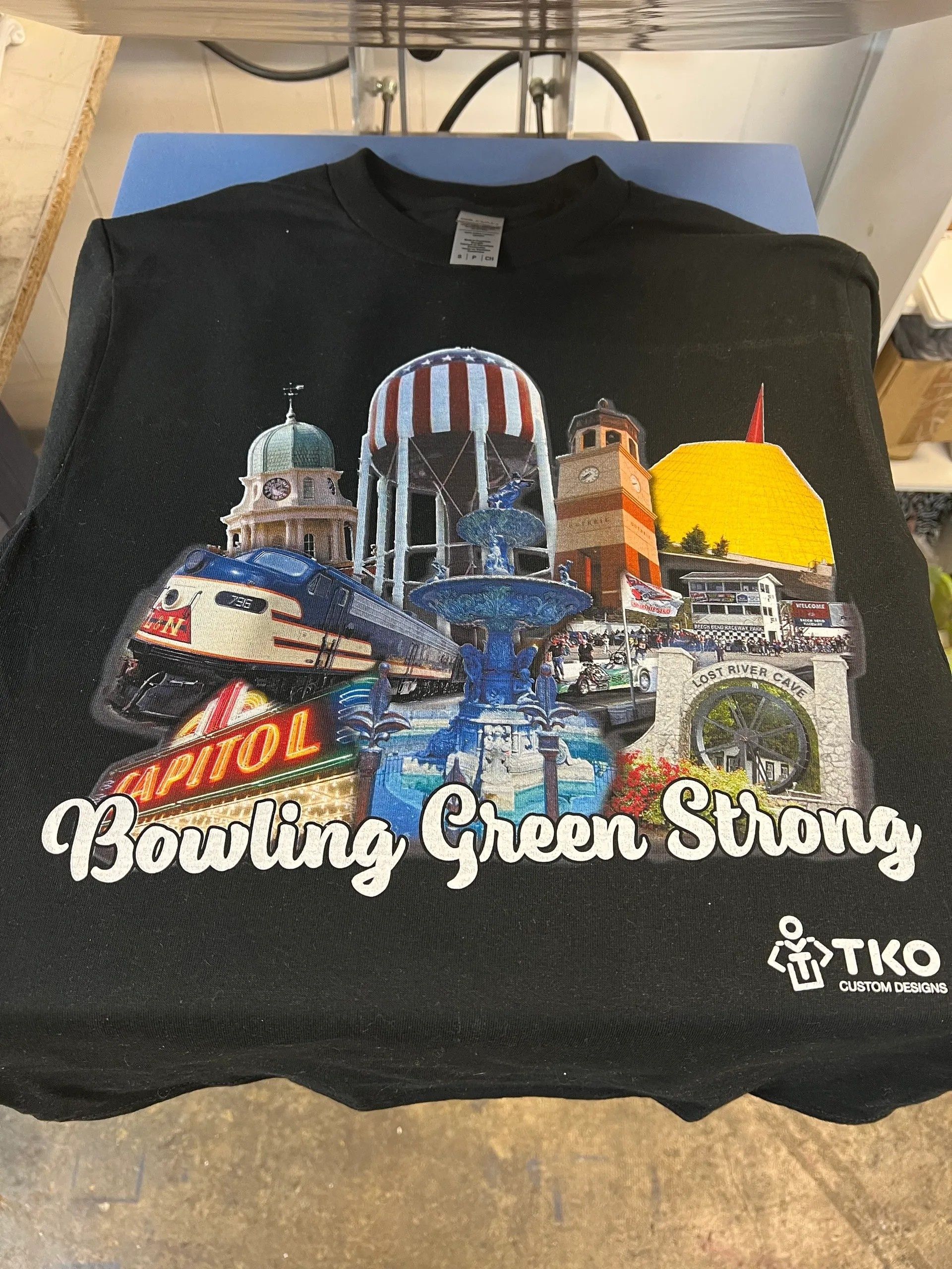 Black graphic T-shirt with Capitol and Bowling Green Strong text and city skyline illustration