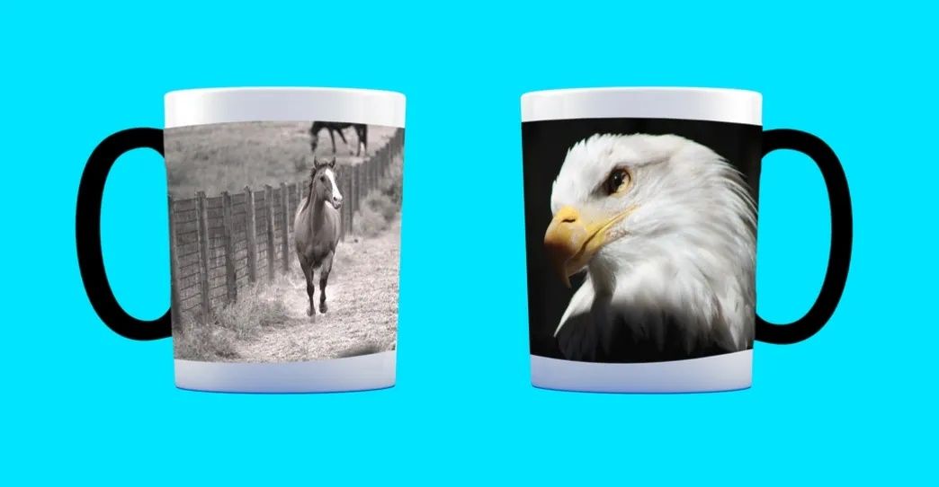 Two mugs on a cyan background, one with a grayscale deer and one with a bald eagle.