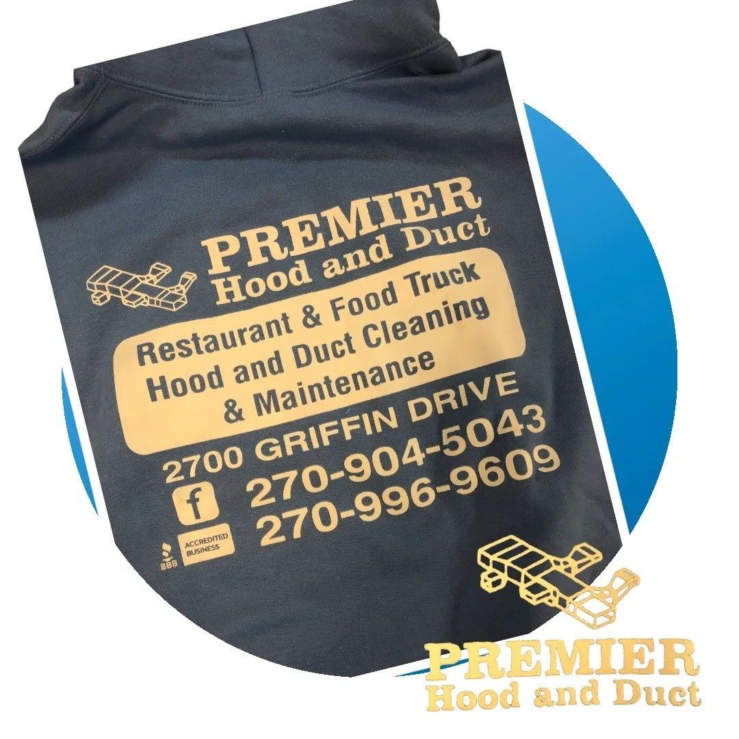 Premier Hood and Duct cleaning shirt with gold logo and contact info on dark fabric