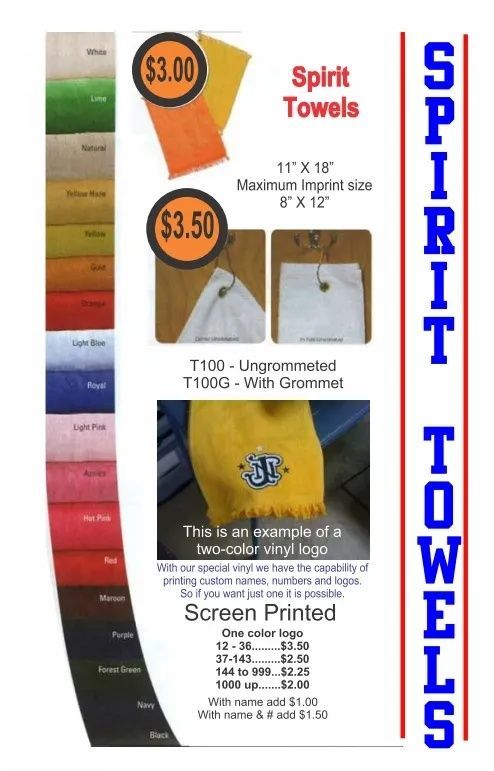 Spirit towels ad with towel color samples, pricing, and large blue vertical “SPIRIT TOWELS” text