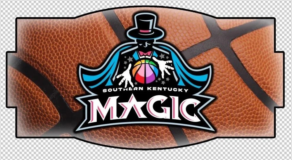 Bowling ball background with South Kentucky Magic logo and magician mascot in top hat