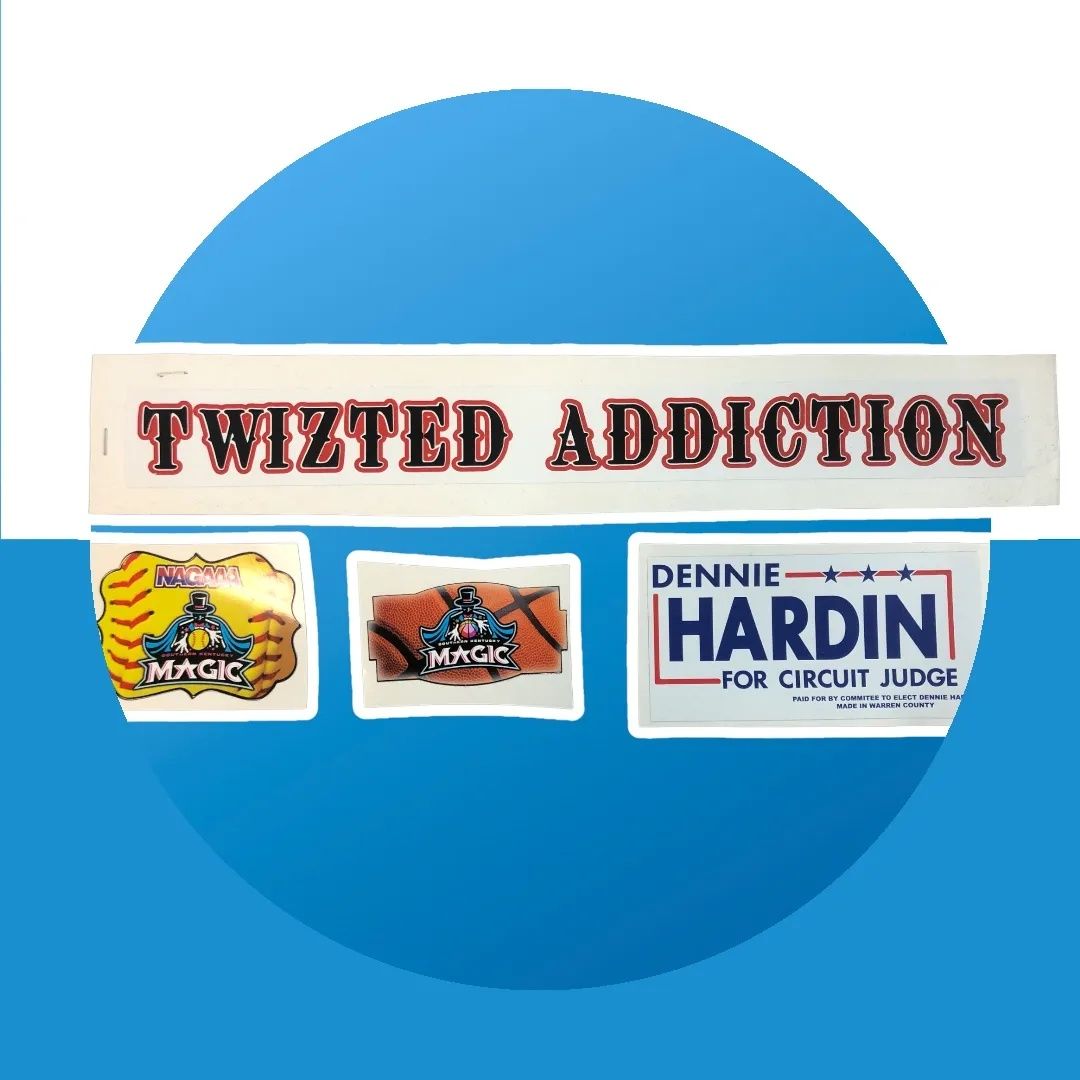 Twizted Addiction banner with three small logos on a blue circular background