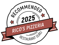 Recommended 2025 badge for Rico's Pizzeria, from Restaurant Guru, with a red banner and stars.