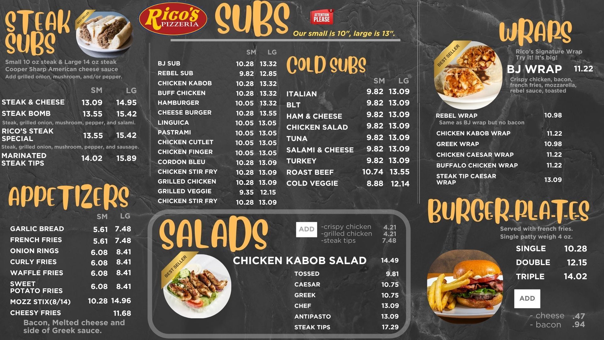 Restaurant menu board with steak subs, cold subs, wraps, appetizers, salads, and burger plates on a black chalkboard background