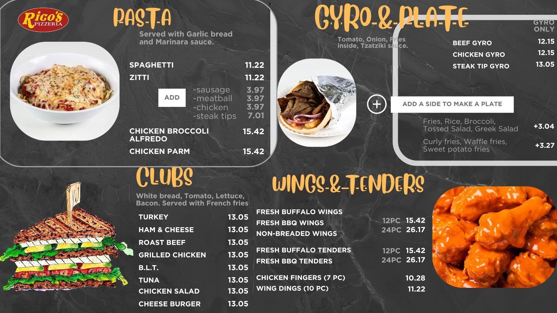 Restaurant menu with pizza, gyro platters, wings, and tenders on a dark chalkboard-style layout.