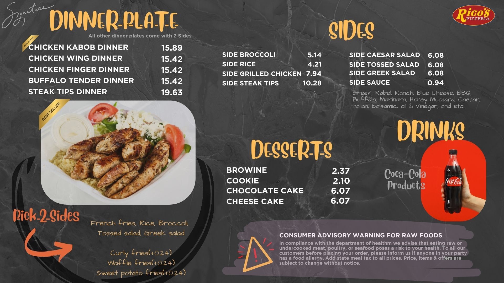 Restaurant menu board with dinner plates, sides, desserts, drinks, and plated food photos on a dark background