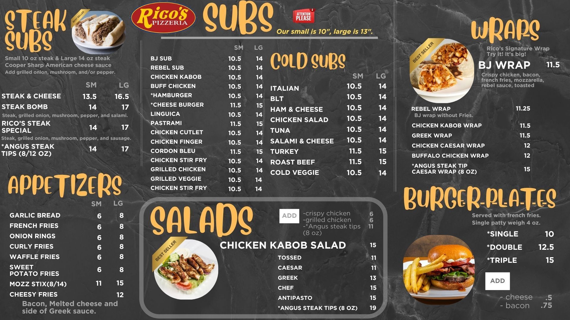 Restaurant menu board with steak subs, cold subs, wraps, appetizers, salads, and burger plates on a black chalkboard background