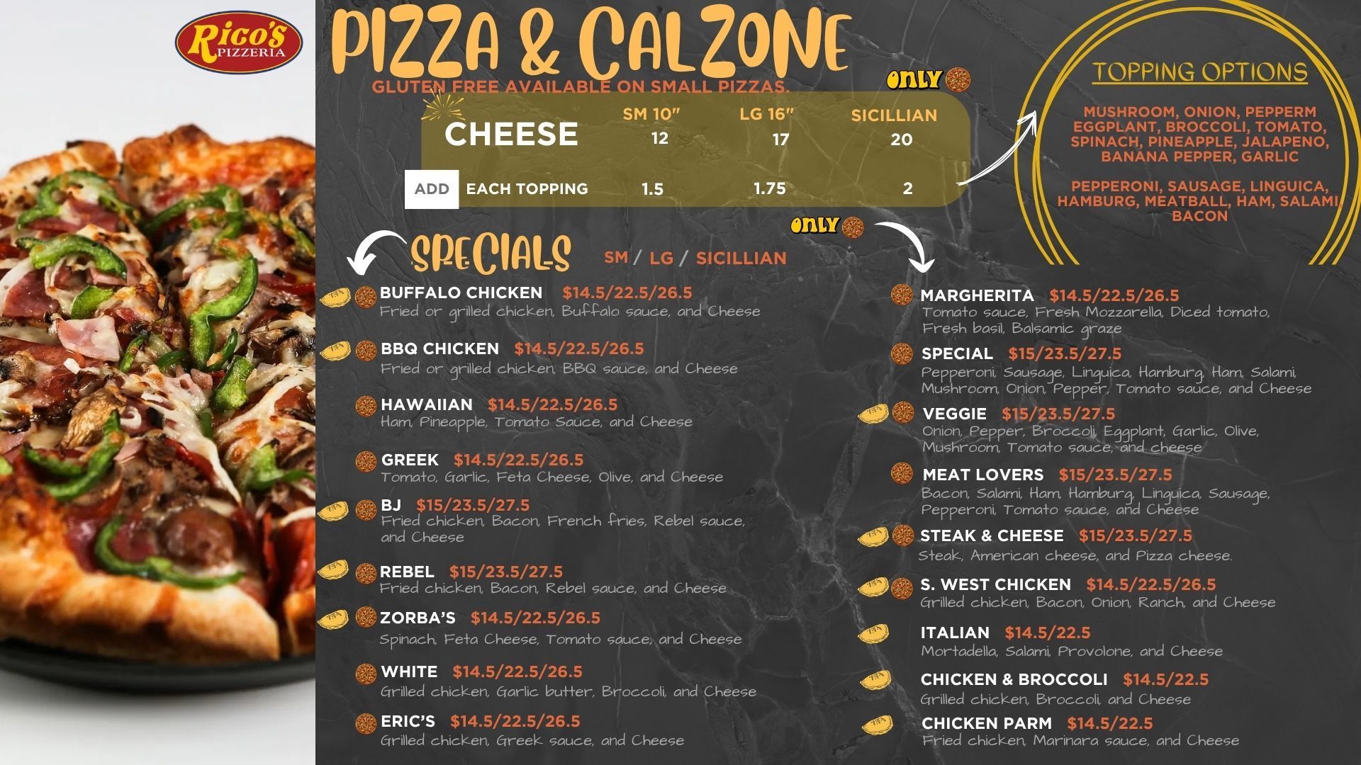 Pizza and calzone menu with a pizza photo on the left and dark menu text on the right
