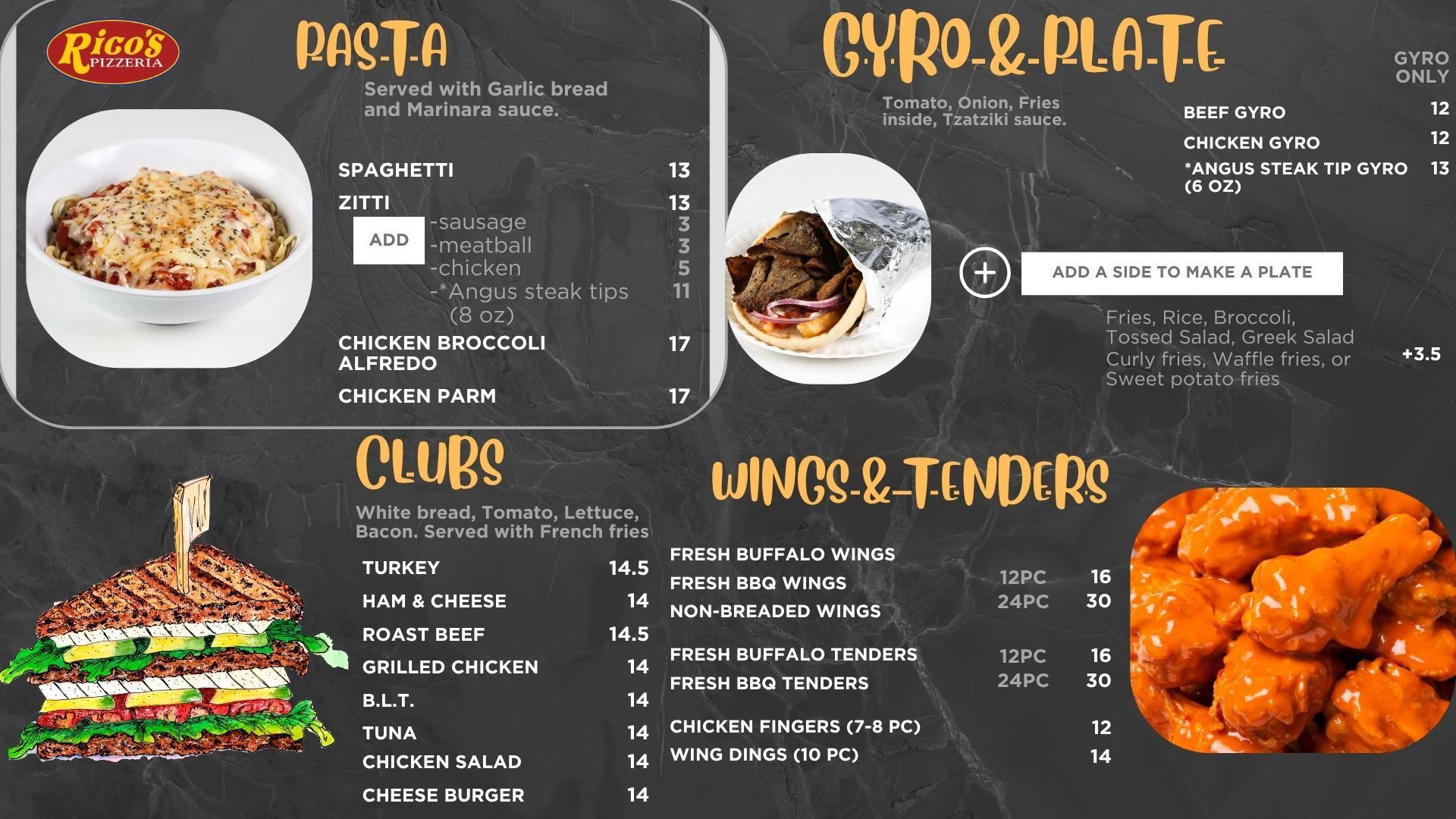 Restaurant menu with pizza, gyro platters, wings, and tenders on a dark chalkboard-style layout.