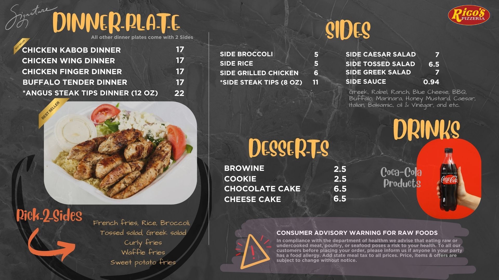Restaurant menu board with dinner plates, sides, desserts, drinks, and plated food photos on a dark background