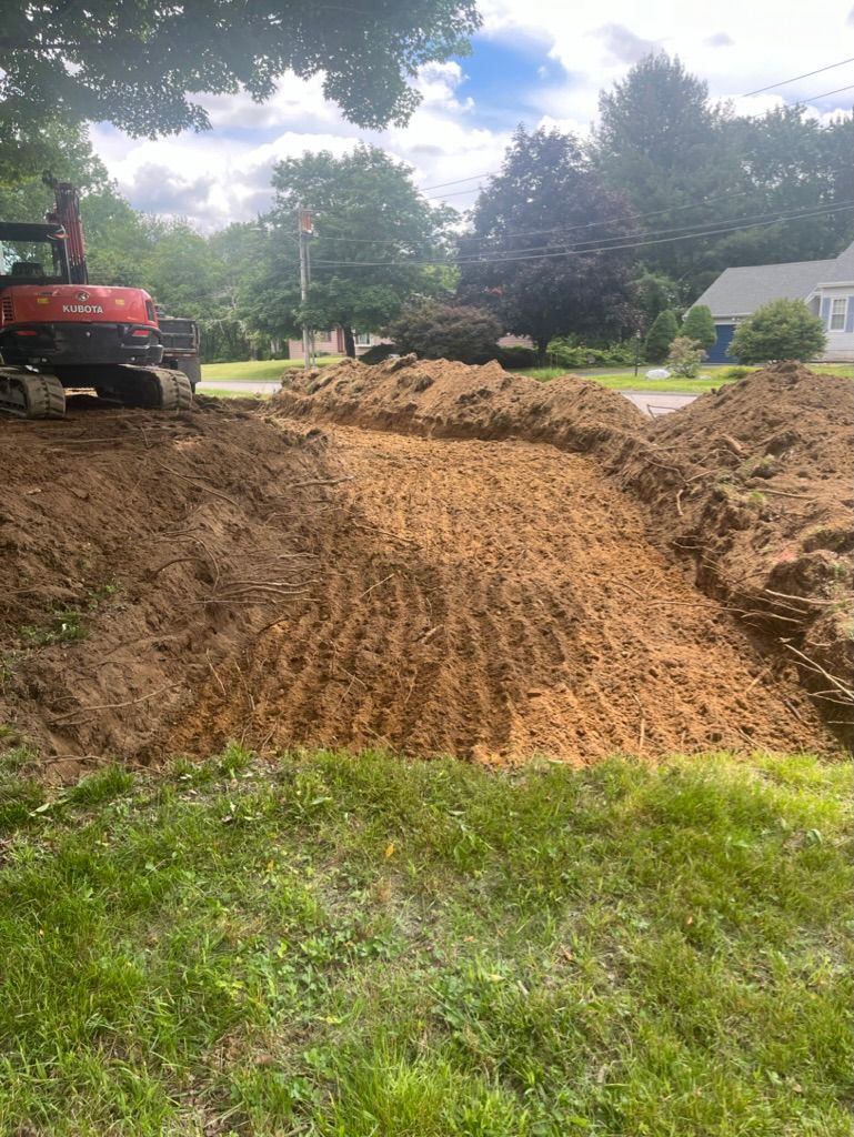 An excavator digs into a dirt area beside a grassy lawn; a street and houses are in the background.