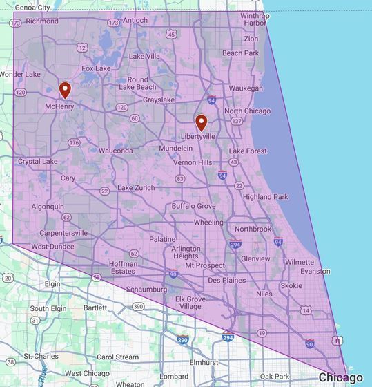 Map of Chicago area with two markers labeled Midway and North Chicago, purple shaded region.