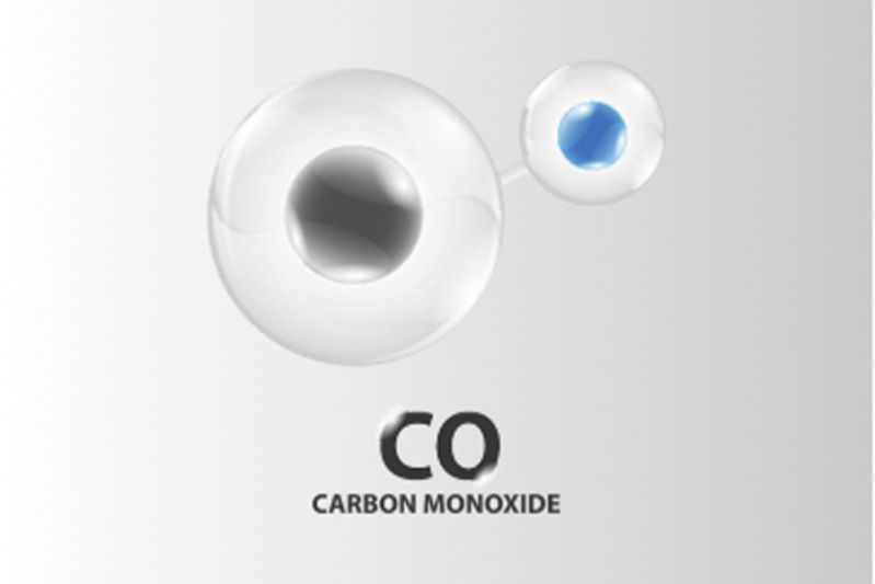 Carbon monoxide warning graphic with black CO text and two floating gray and blue circular shapes