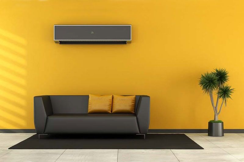 Modern living room with yellow wall, dark sofa, wall-mounted TV, black rug, and potted plant.