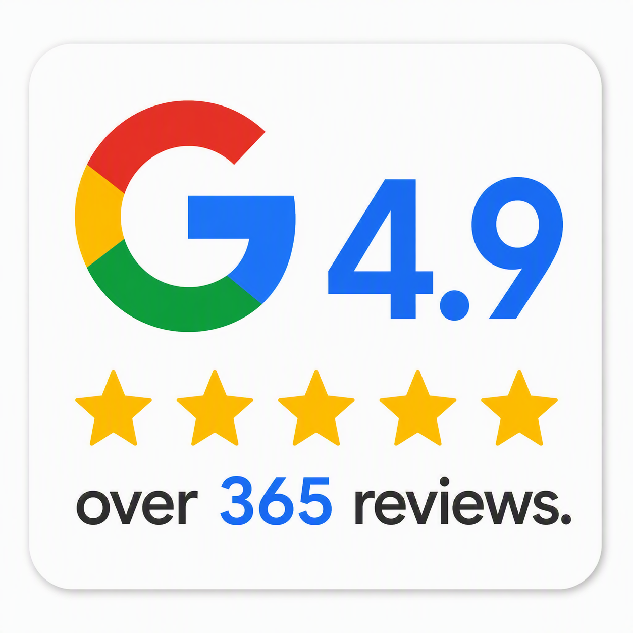 Google rating badge: 4.9 stars with 365+ reviews.