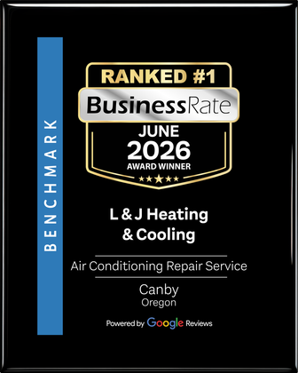 Black award plaque for L&J Heating & Cooling, ranked #1 BusinessRate June 2026, benchmarks and Google logo.