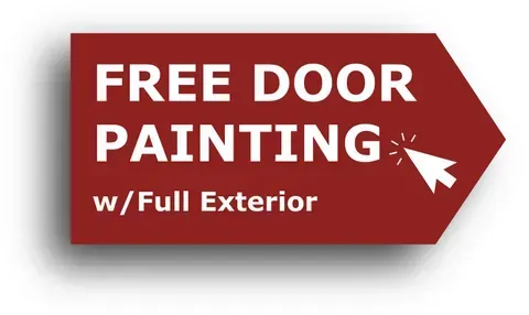 Red tag reading “FREE DOOR PAINTING w/ Full Exterior” with white arrow cursor icon