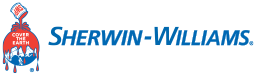 Sherwin-Williams logo in blue with a red paint can pouring over the globe.