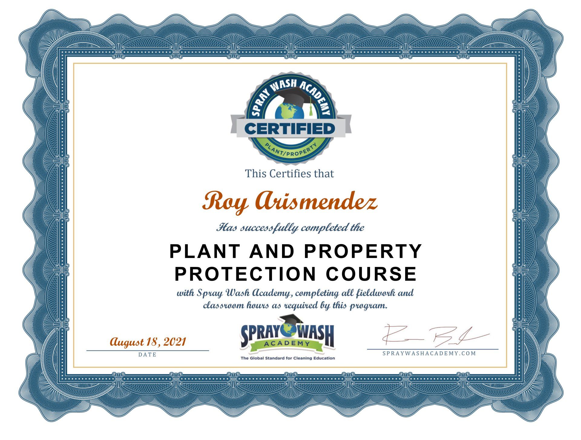 Roy Arismendez certificate