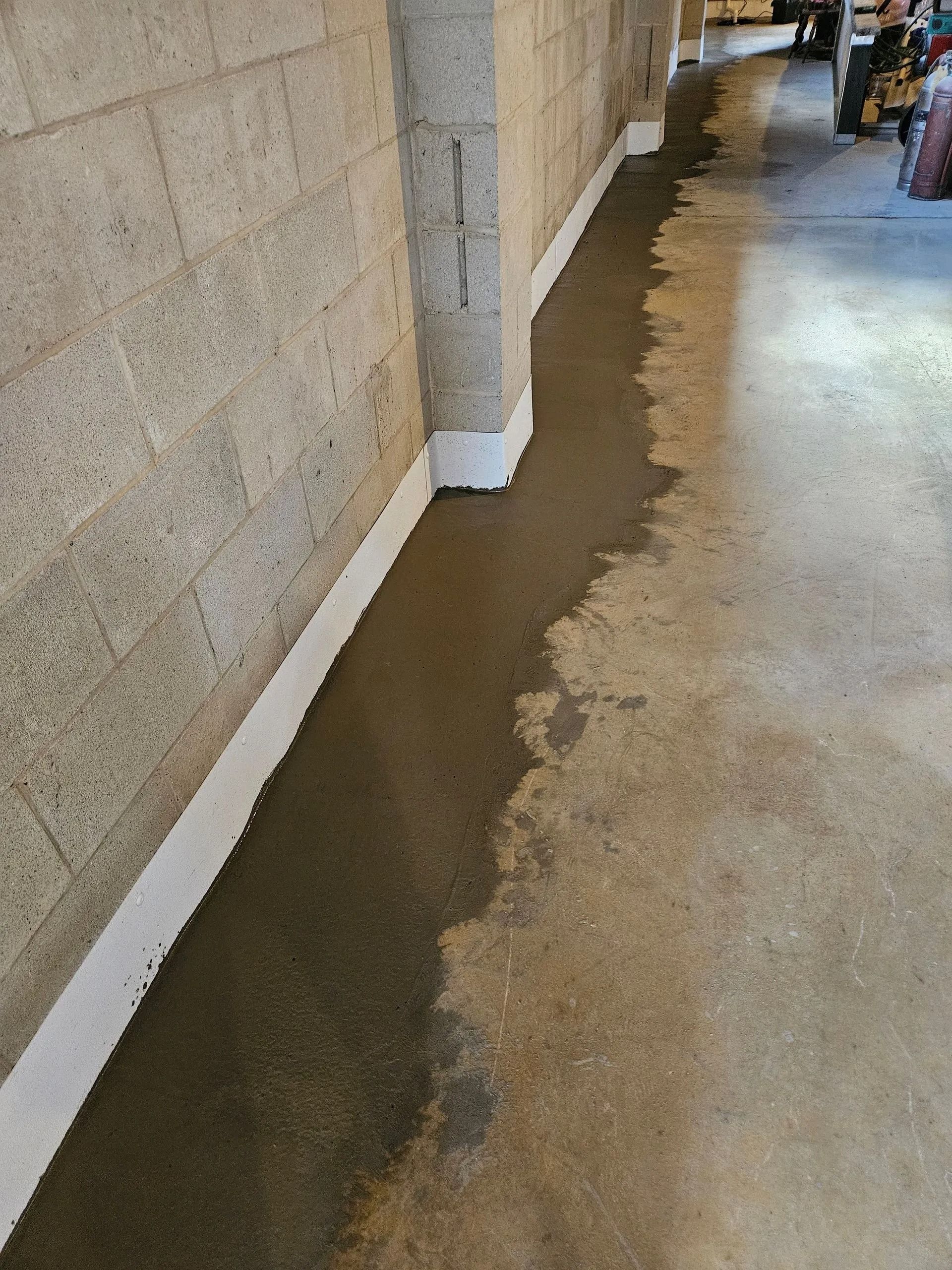 A basement wall with a white waterproof sealant applied along the bottom edge where it meets the concrete floor.
