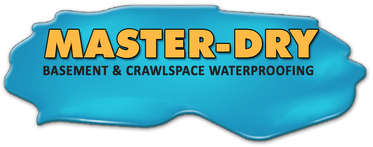 Logo for Master-Dry Basement & Crawlspace Waterproofing, featuring yellow text on a blue, liquid-shaped background.