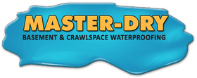 Logo for Master-Dry Basement & Crawlspace Waterproofing, featuring yellow text on a blue, liquid-shaped background.