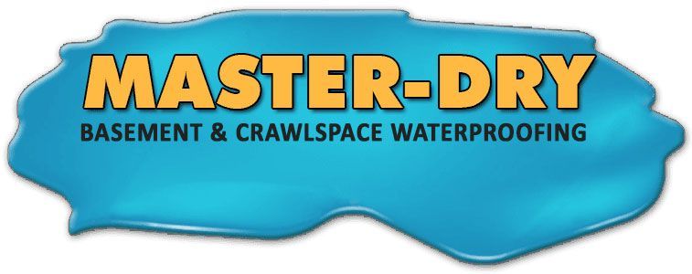 "MASTER-DRY Basement & Crawlspace Waterproofing" logo in yellow text over a blue, puddle-shaped background.