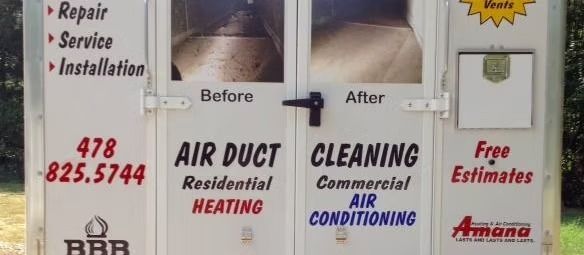 Hvac service truck with before-and-after duct cleaning ads, phone number, and free estimates text.
