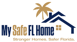 My Safe FL Home logo with blue house roof, gold palm tree, and slogan “Stronger Homes. Safer Florida.”