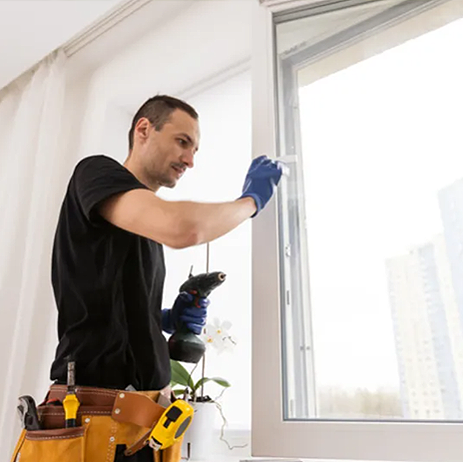 Technician in gloves adjusting a window frame beside tools in a bright room