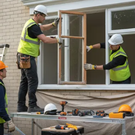 Workers installing a window frame on a house exterior, wearing hard hats and reflective vests.