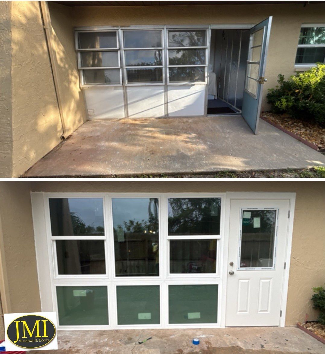 Before-and-after view of a home exterior wall where old metal windows were replaced with new white window and door frames.