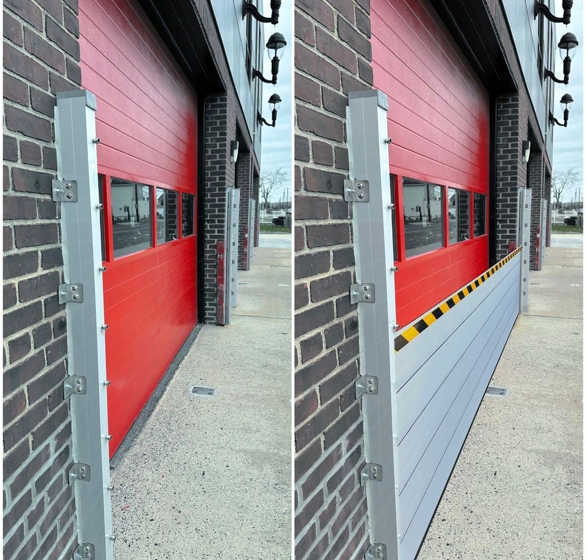 Red garage door with a gray flood barrier