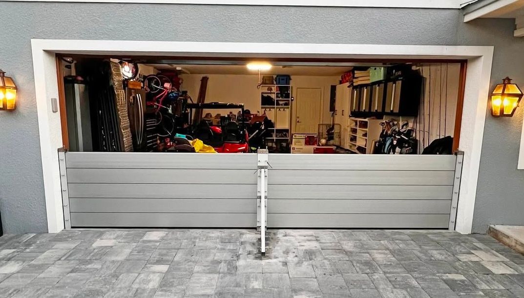 Gray garage facade with flood barriers