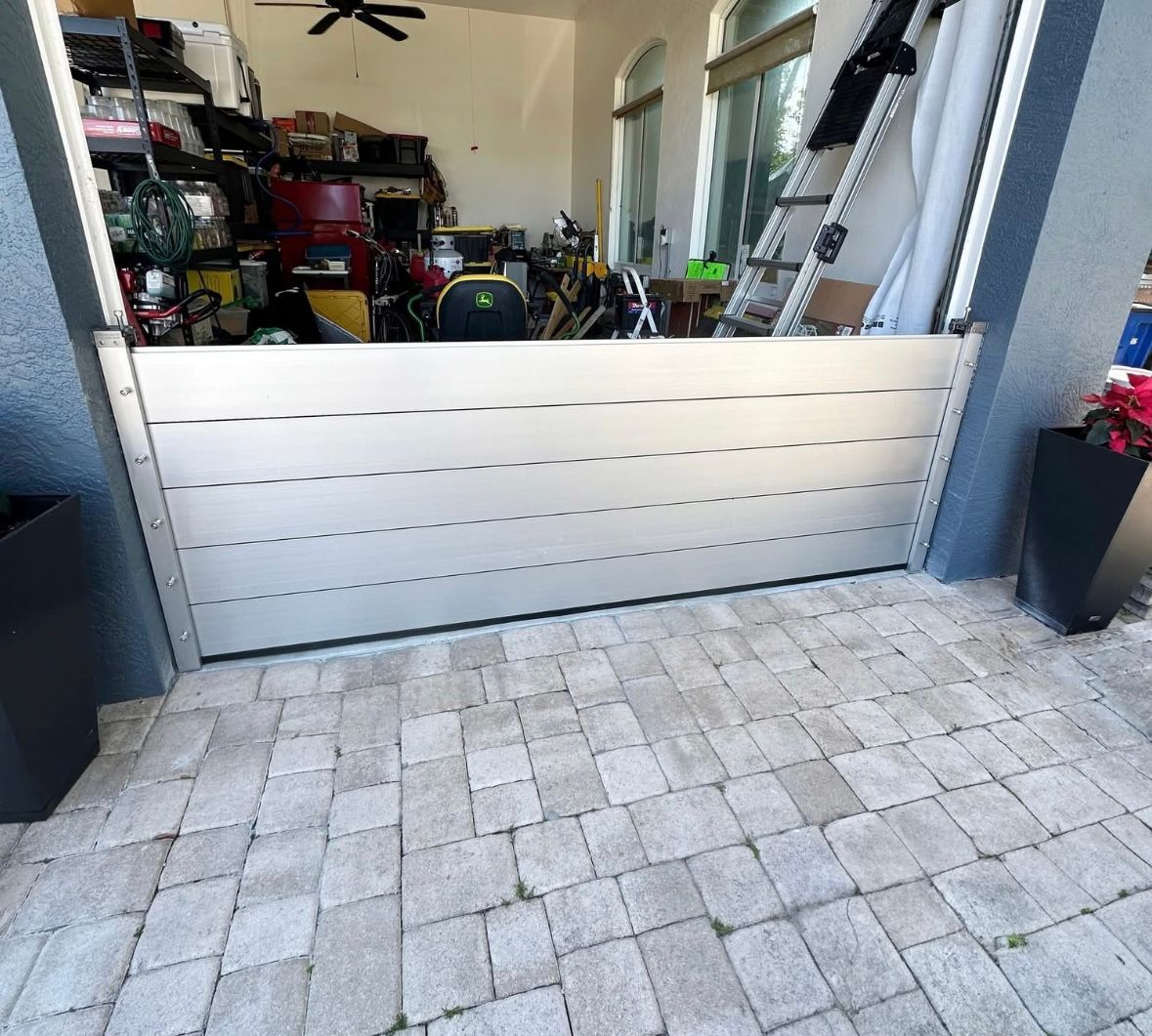 Flood barriers in front of a garage door