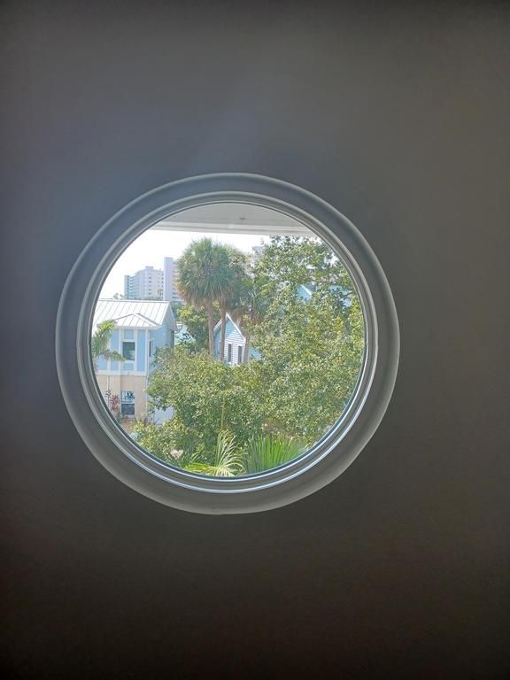 Round window view of green trees and houses outside