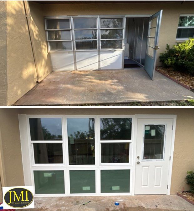 Before and after photo of a home exterior showing the replacement of a dated patio window wall and door with new frames.